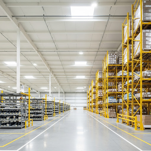 Pallets stacked in a warehouse